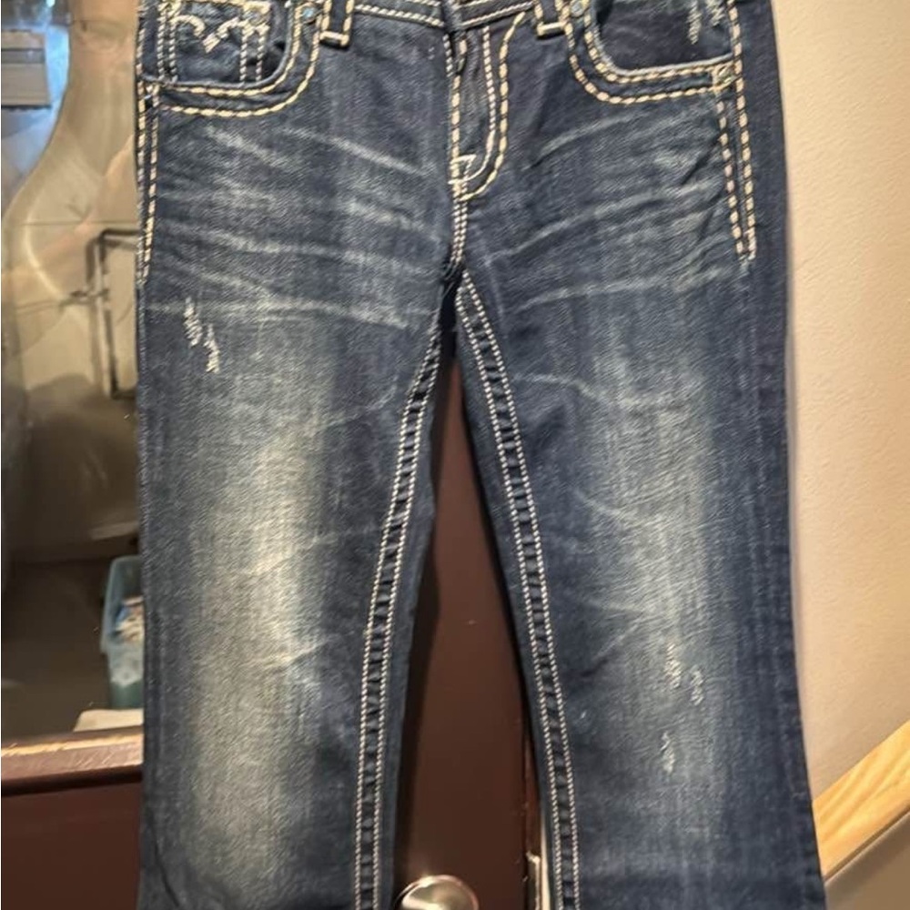 Miss Me Blue Boot Cut Jeans with Vintage Distressing